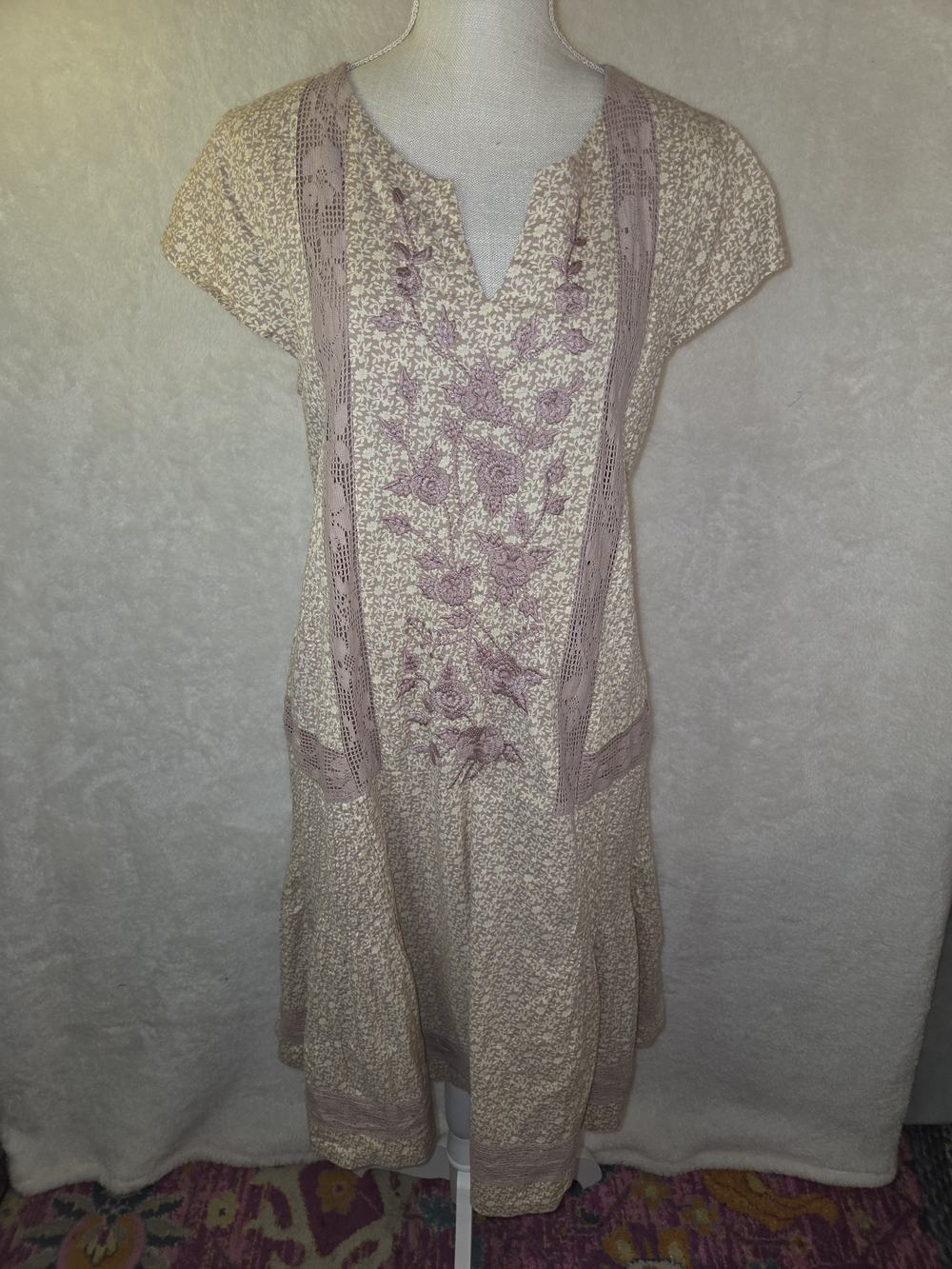 April Cornell Cottagecore Prairie Dress Sz L Purple Embroidered Flowers NWT
